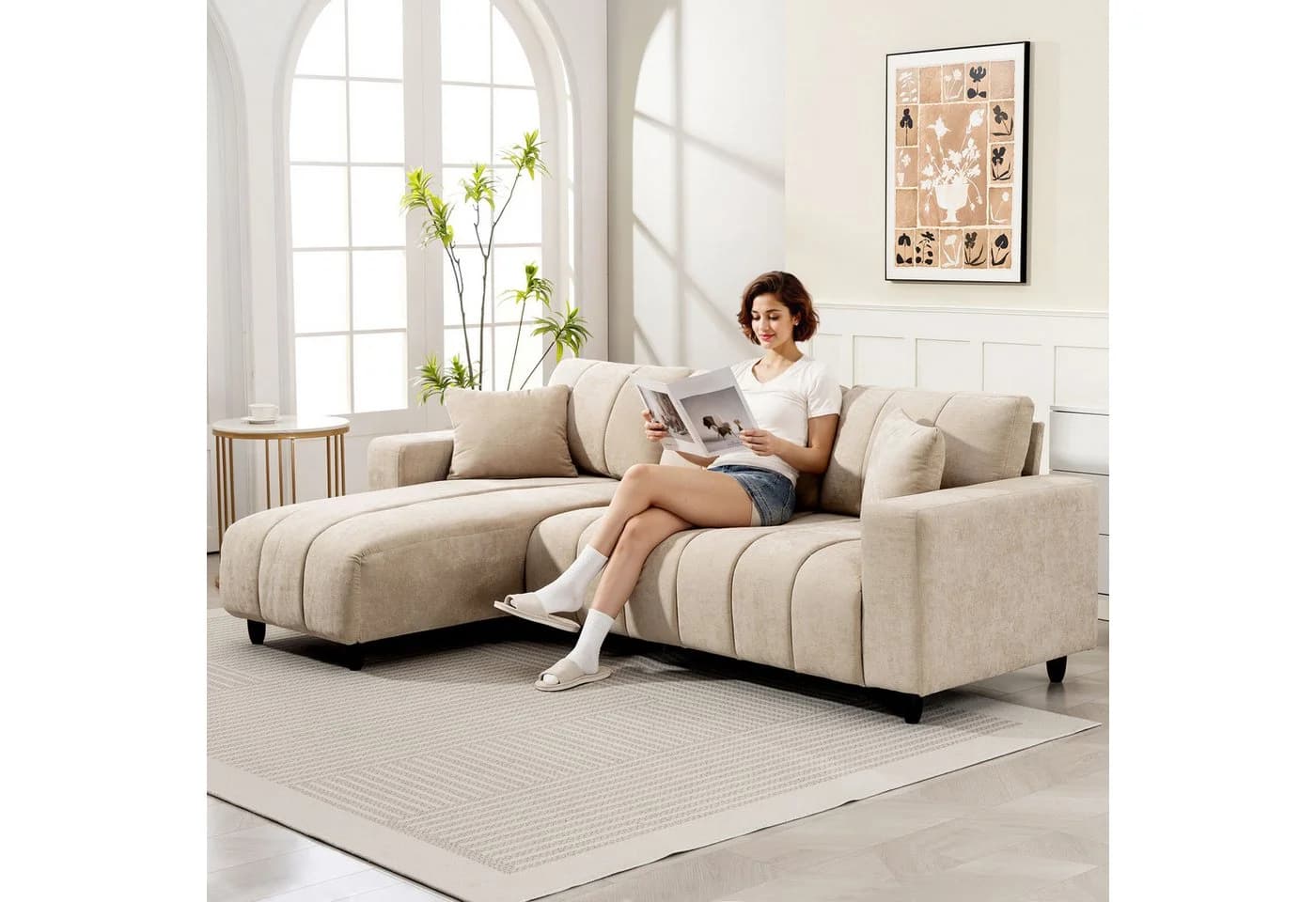 HOMCOM Ecksofa Beige mit 2 Kissen und wechselbarer Chaiselongue - Bild 2