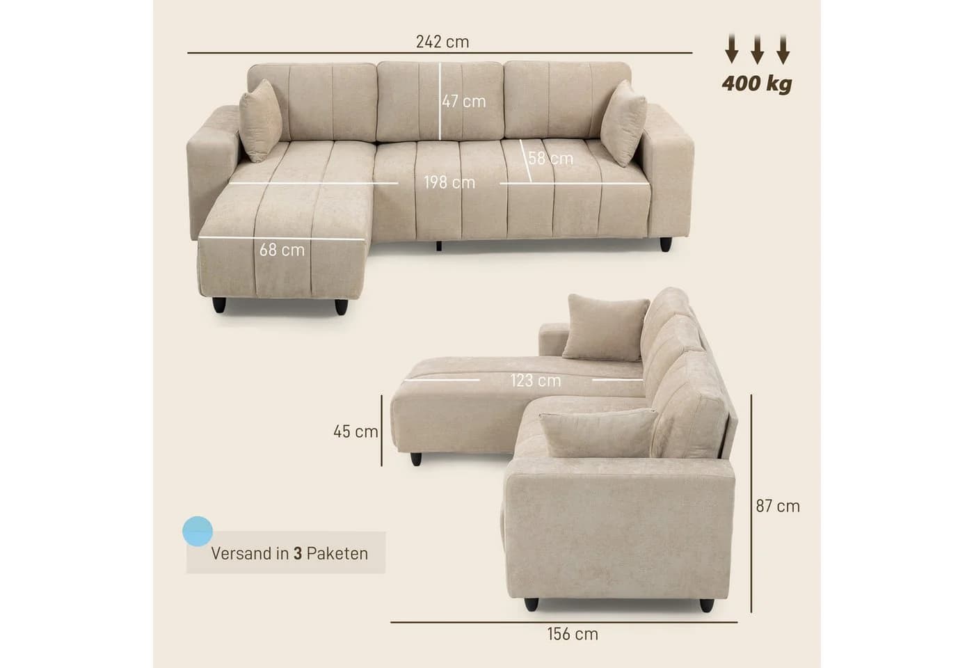 HOMCOM Ecksofa Beige mit 2 Kissen und wechselbarer Chaiselongue - Bild 3