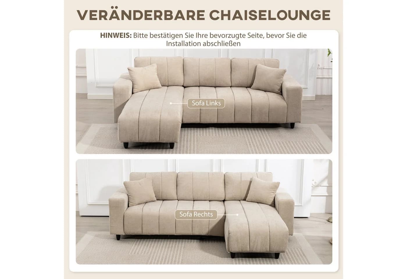 HOMCOM Ecksofa Beige mit 2 Kissen und wechselbarer Chaiselongue - Bild 4