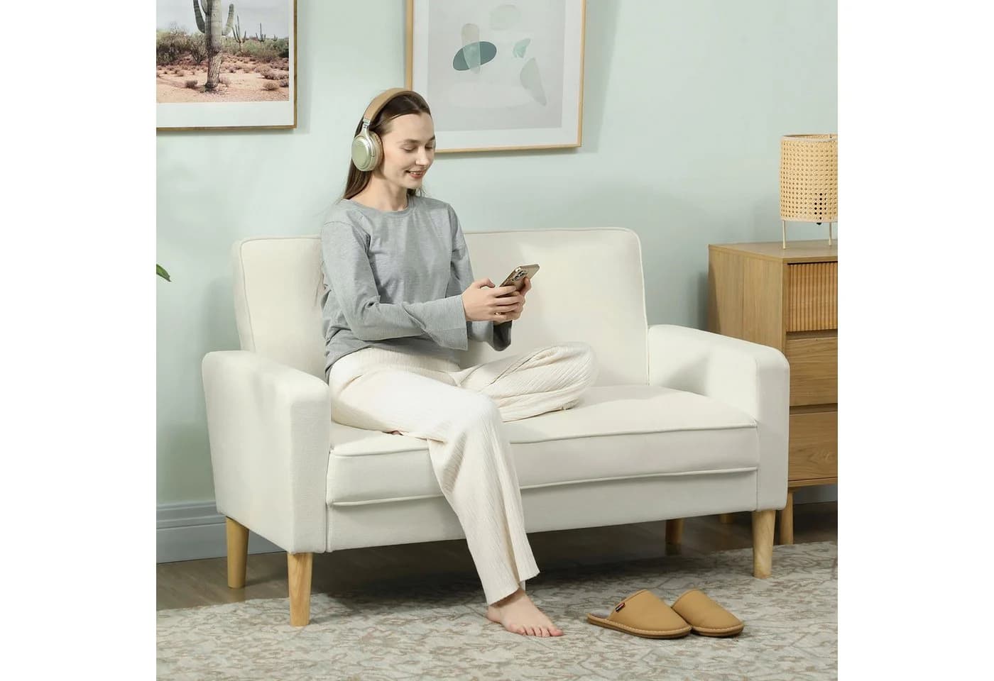 HOMCOM 2-Sitzer Sofa Cremeweiß Samtoptik Modernes Polstersofa