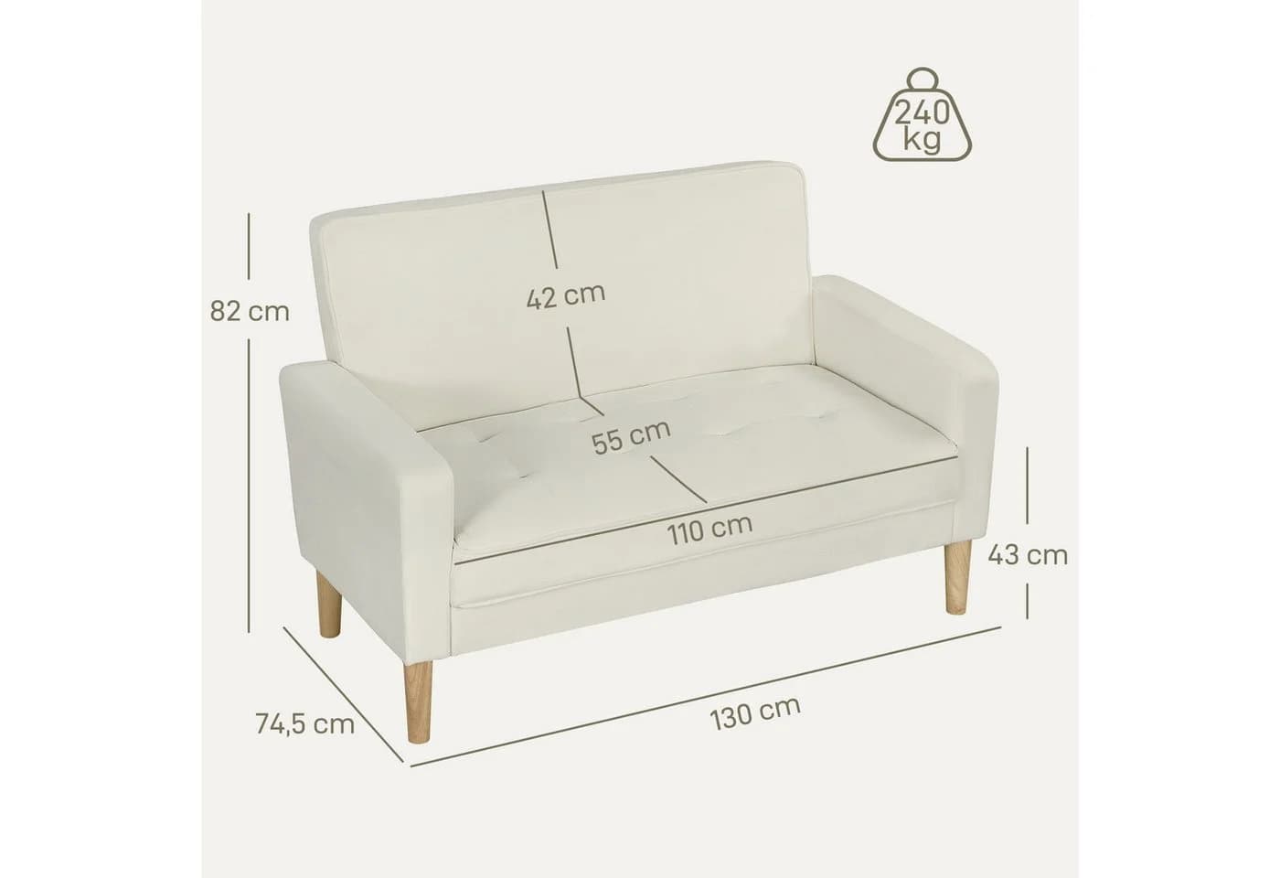 HOMCOM 2-Sitzer Sofa Cremeweiß Samtoptik Modernes Polstersofa - Bild 3