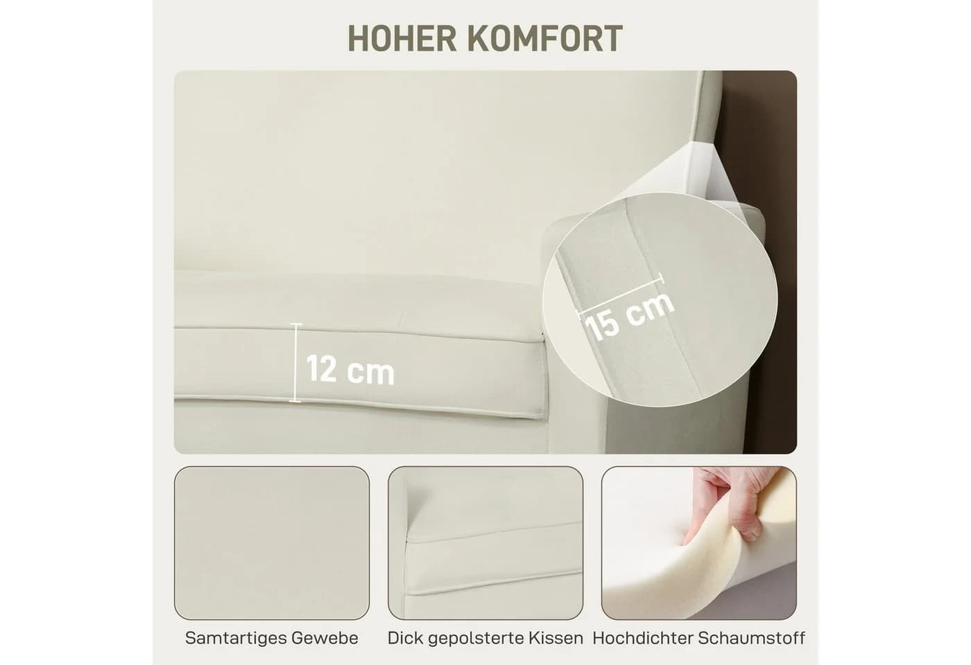 HOMCOM 2-Sitzer Sofa Cremeweiß Samtoptik Modernes Polstersofa - Bild 4
