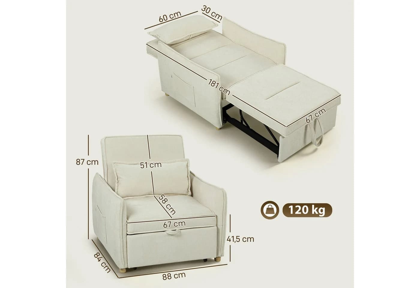 HOMCOM Schlafsessel mit Bett-Funktion Cremeweiß - Bild 3