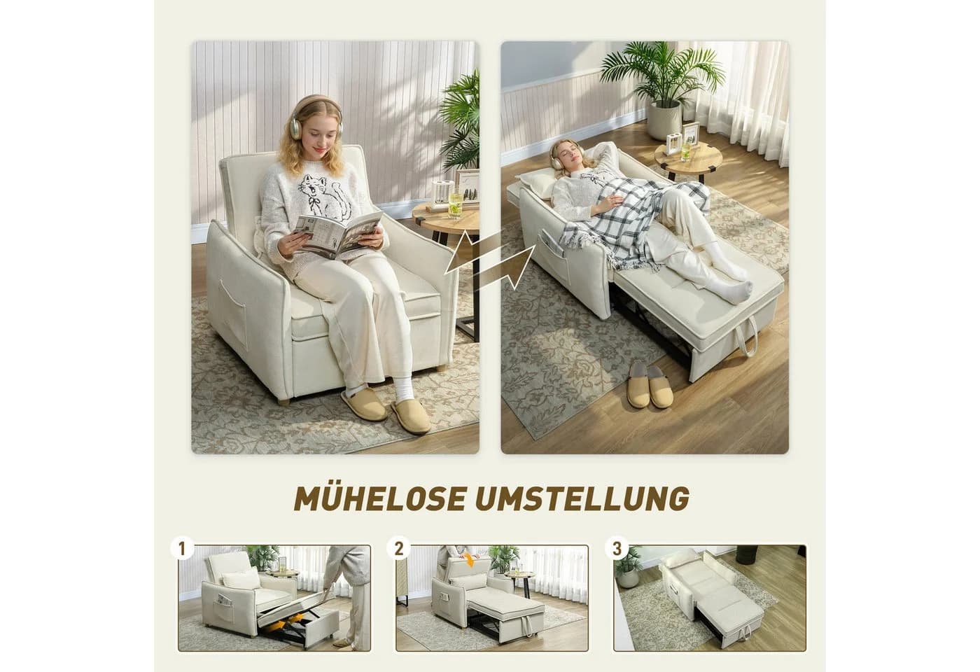 HOMCOM Schlafsessel mit Bett-Funktion Cremeweiß - Bild 4