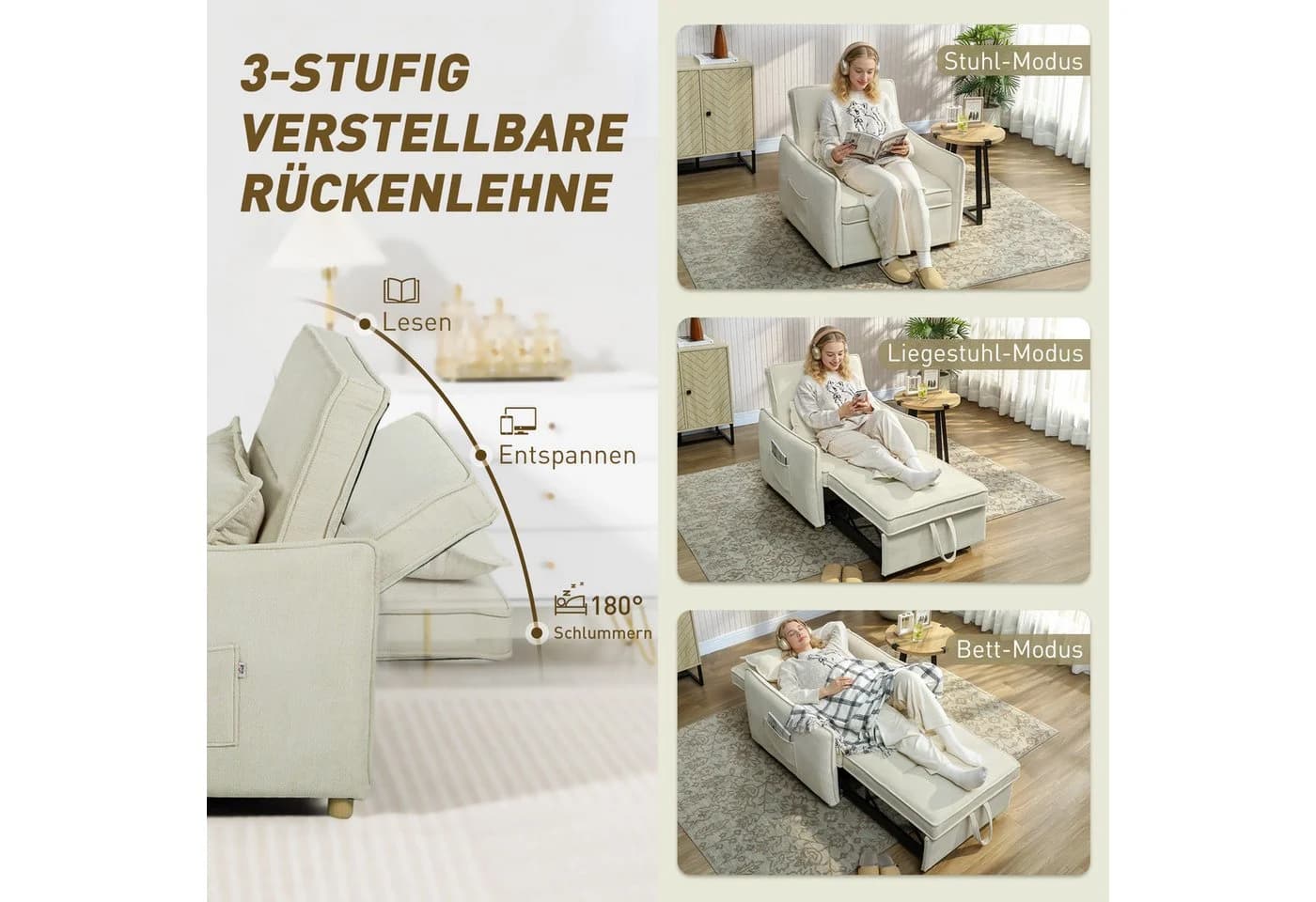 HOMCOM Schlafsessel mit Bett-Funktion Cremeweiß - Bild 5