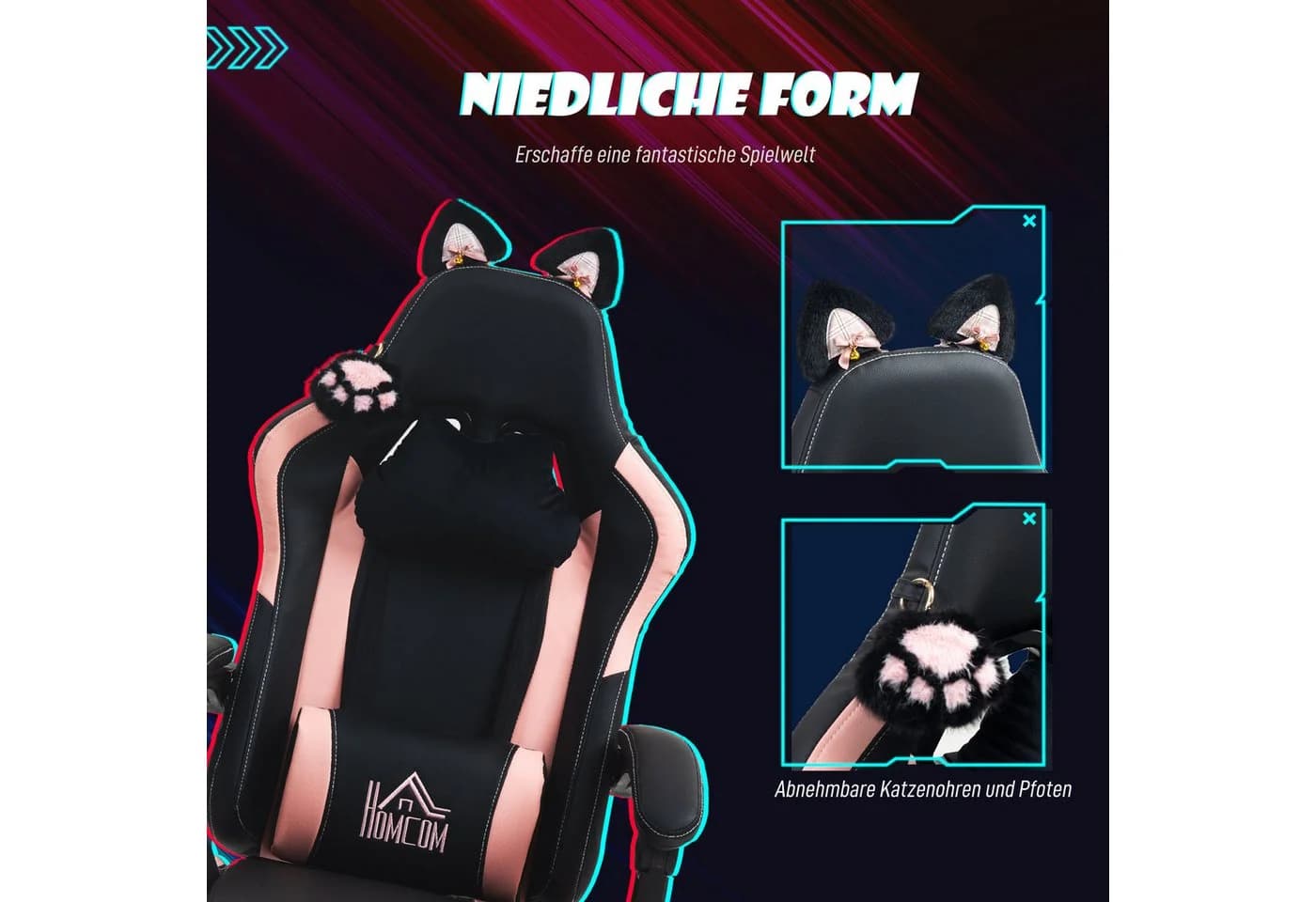 HOMCOM Gaming-Stuhl mit Katzenohren und Fußstütze - Bild 4