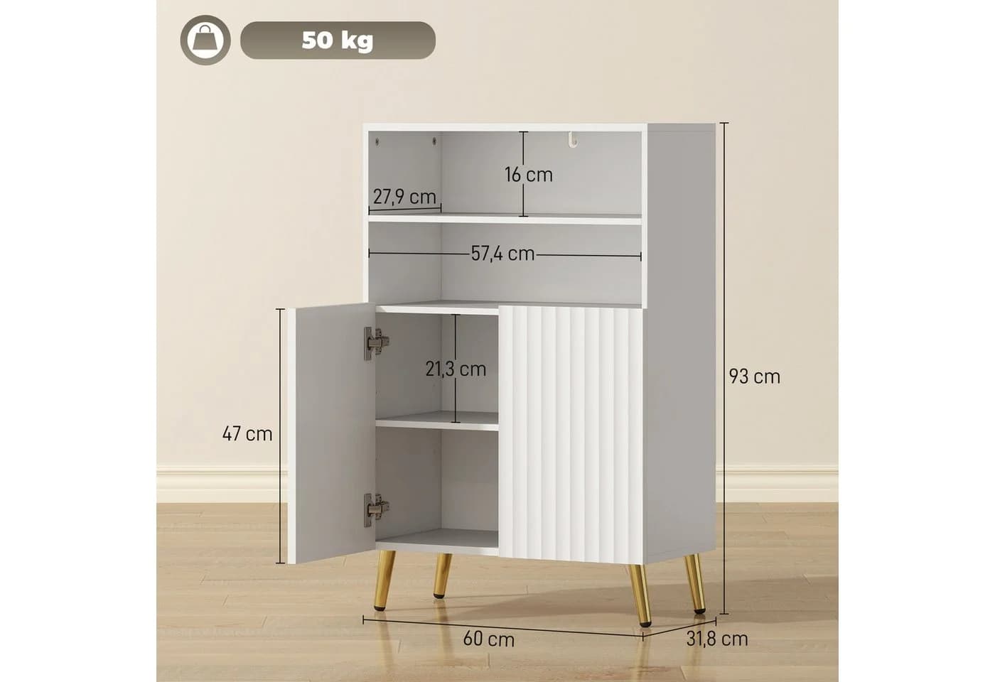 HOMCOM Badkommode mit Soft-Close-Türen, 2 offene Regale, Weiß - Bild 3