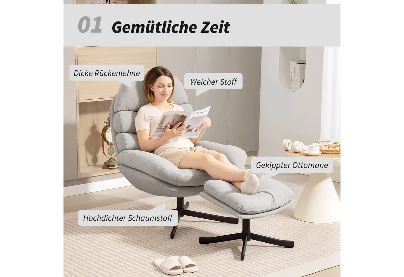 HOMCOM Relaxsessel mit Chenille-Stoff, Cremeweiß, 360-Grad-Drehmechanismus - Bild 4