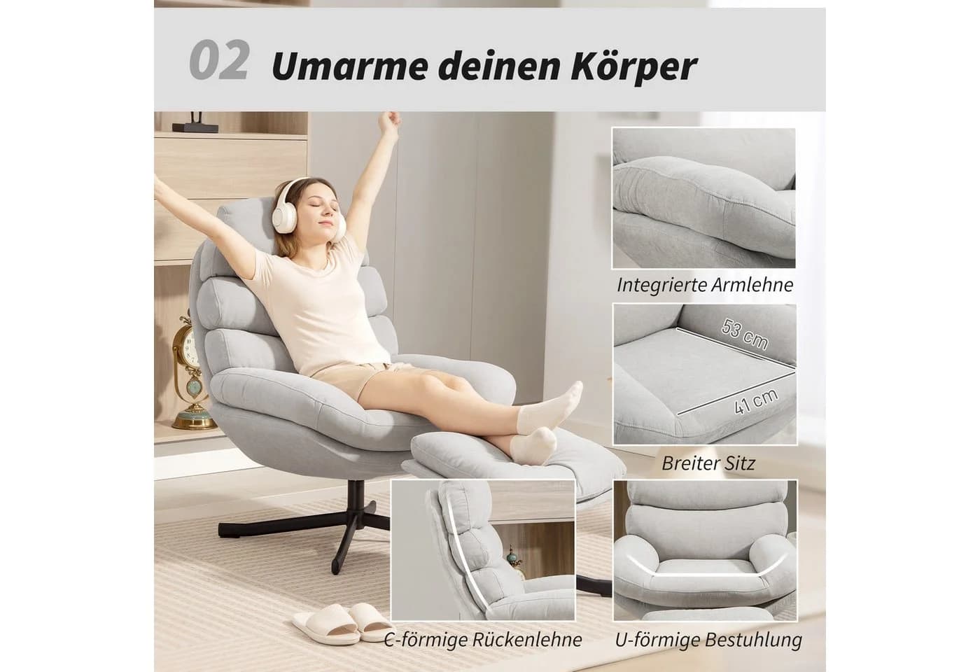 HOMCOM Relaxsessel mit Chenille-Stoff, Cremeweiß, 360-Grad-Drehmechanismus - Bild 5