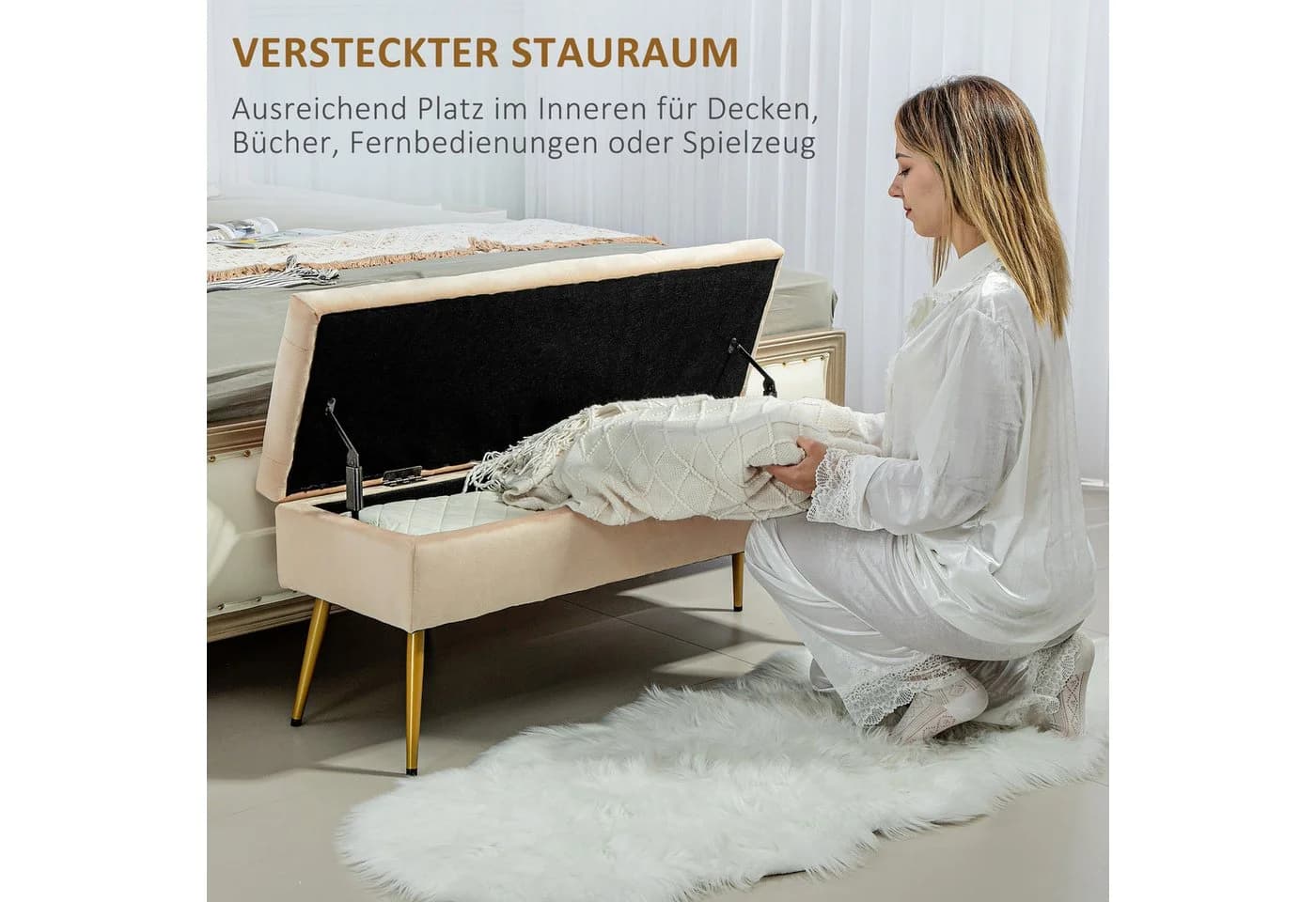 HOMCOM Sitzbank mit Stauraum Beige Samt Optik Truhenbank - Bild 4