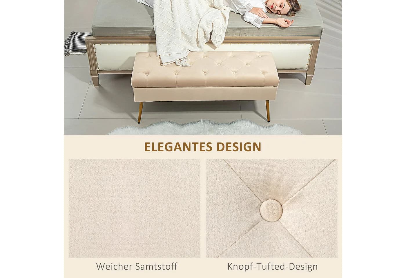 HOMCOM Sitzbank mit Stauraum Beige Samt Optik Truhenbank - Bild 5