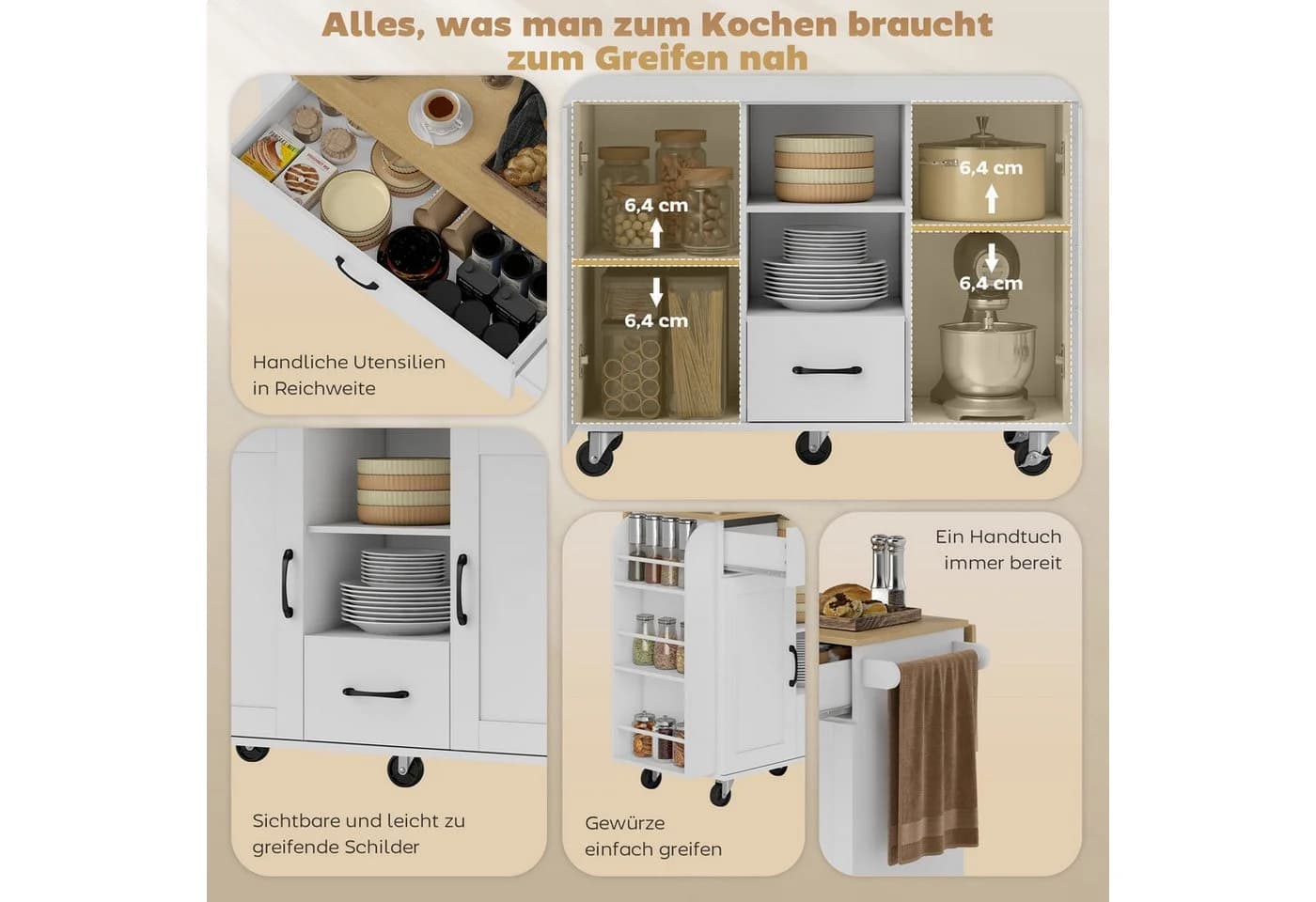 HOMCOM Servierwagen Küchenwagen auf Rollen mit Handtuchstange, Weiß - Bild 4