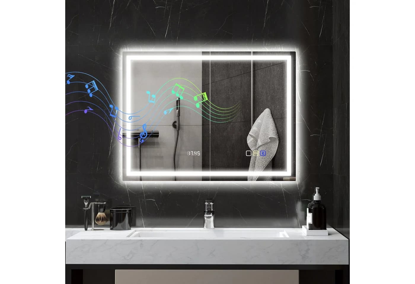 HOMCOM Badspiegel mit Bluetooth-Musikfunktion Uhr 3 Lichtfarben LED Spiegel Wandspiegel Beschlagfrei Touchschalter Silber - Bild 2