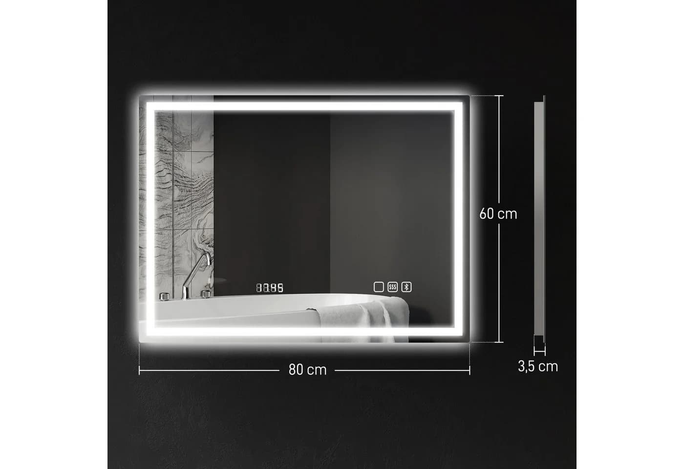 HOMCOM Badspiegel mit Bluetooth-Musikfunktion Uhr 3 Lichtfarben LED Spiegel Wandspiegel Beschlagfrei Touchschalter Silber - Bild 3
