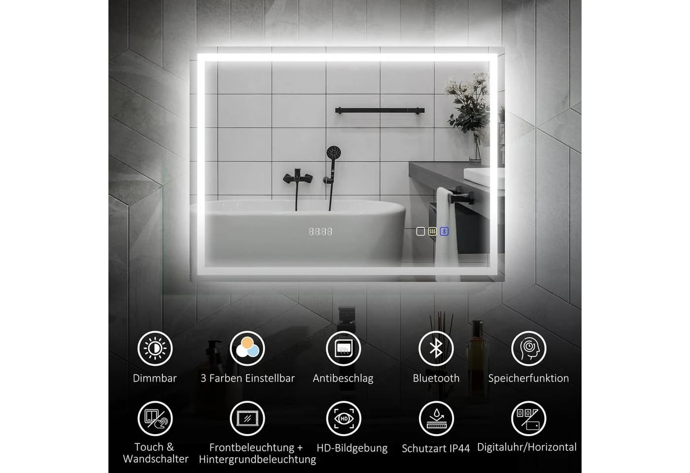 HOMCOM Badspiegel mit Bluetooth-Musikfunktion Uhr 3 Lichtfarben LED Spiegel Wandspiegel Beschlagfrei Touchschalter Silber - Bild 4