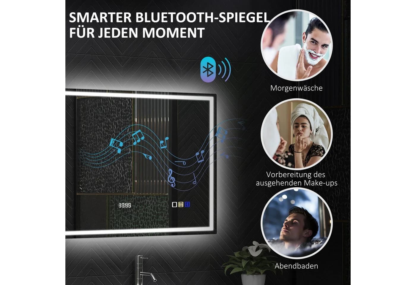 HOMCOM Badspiegel mit Bluetooth-Musikfunktion Uhr 3 Lichtfarben LED Spiegel Wandspiegel Beschlagfrei Touchschalter Silber - Bild 5