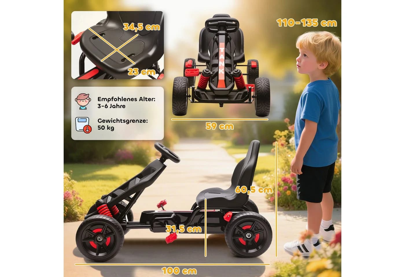 AIYAPLAY Kinder-Gokart Rot mit Handbremse und Freilaufsystem - Bild 3