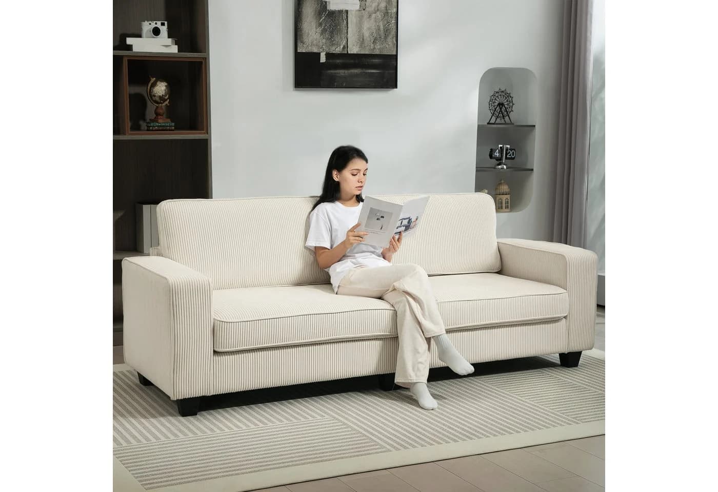 HOMCOM 3-Sitzer Sofa mit Armlehnen und Rückenkissen, Cremeweiß