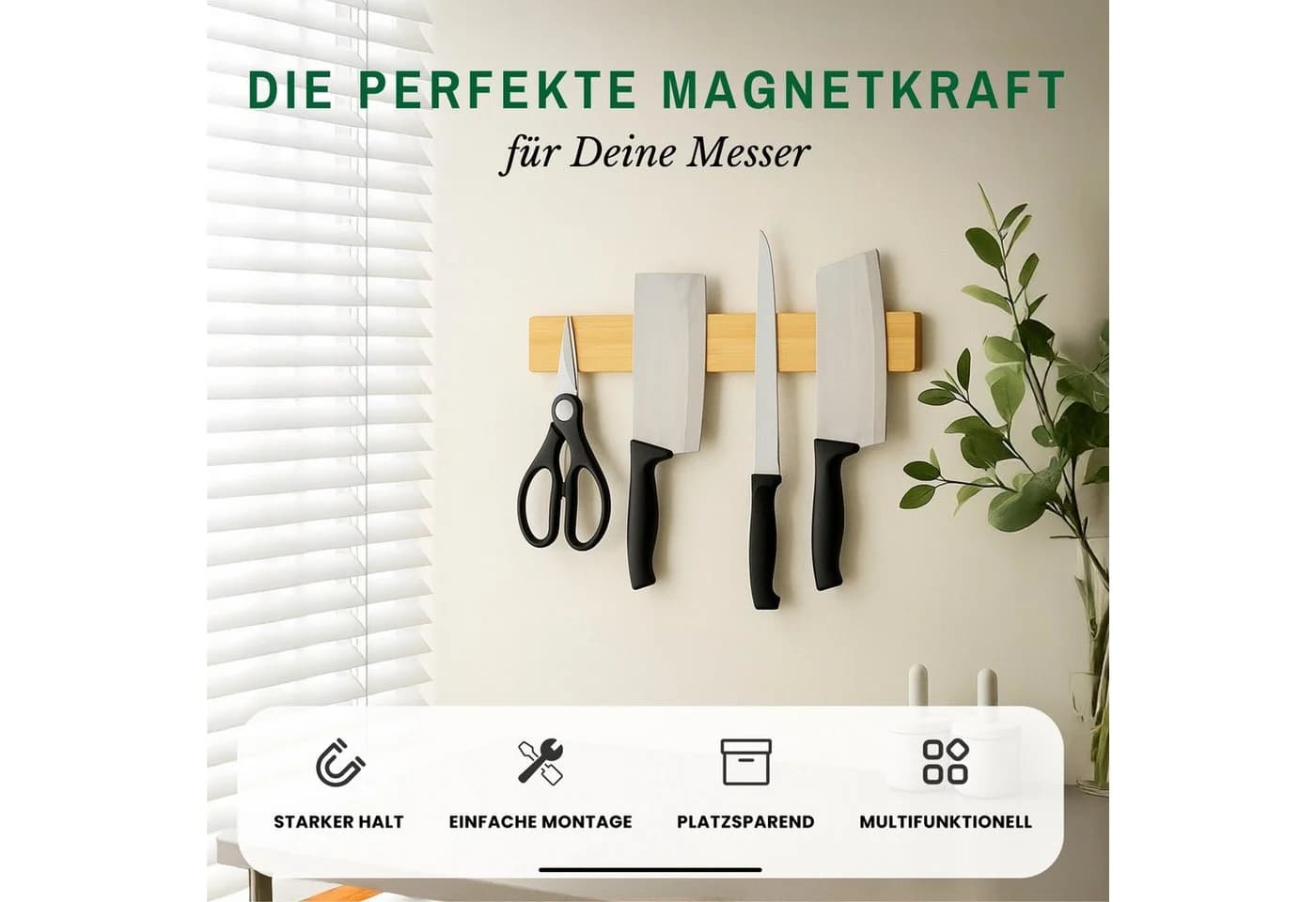 PROREGAL® Wand-Magnet Messerhalter Bambus mit 3 silbernen Haken - Bild 3