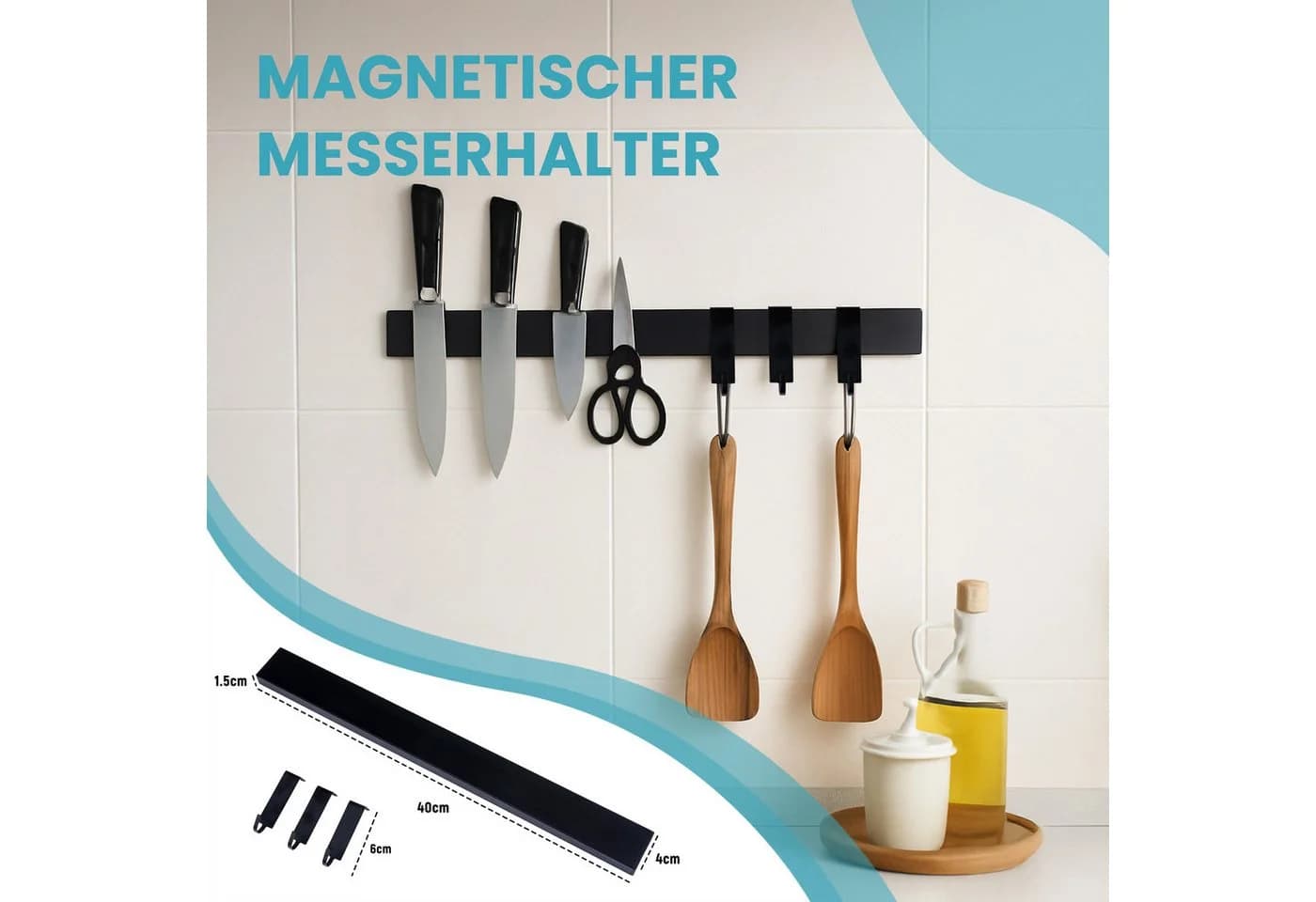 PROREGAL® Wand-Magnet Messerhalter Schwarz 40cm