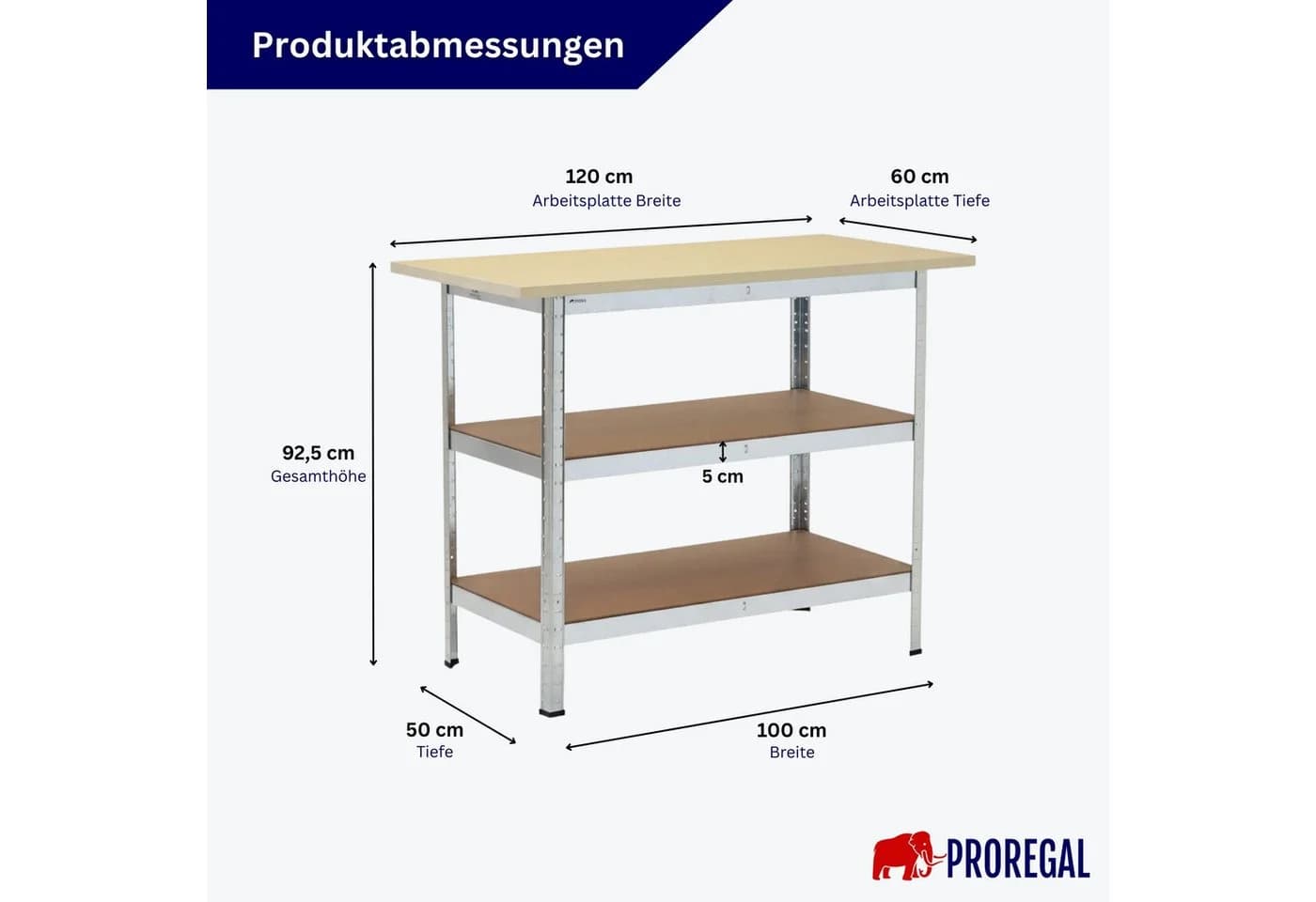 PROREGAL® Werkbank TAURUS mit 2 Fachböden und verzinktem Stahlgestell - Bild 3