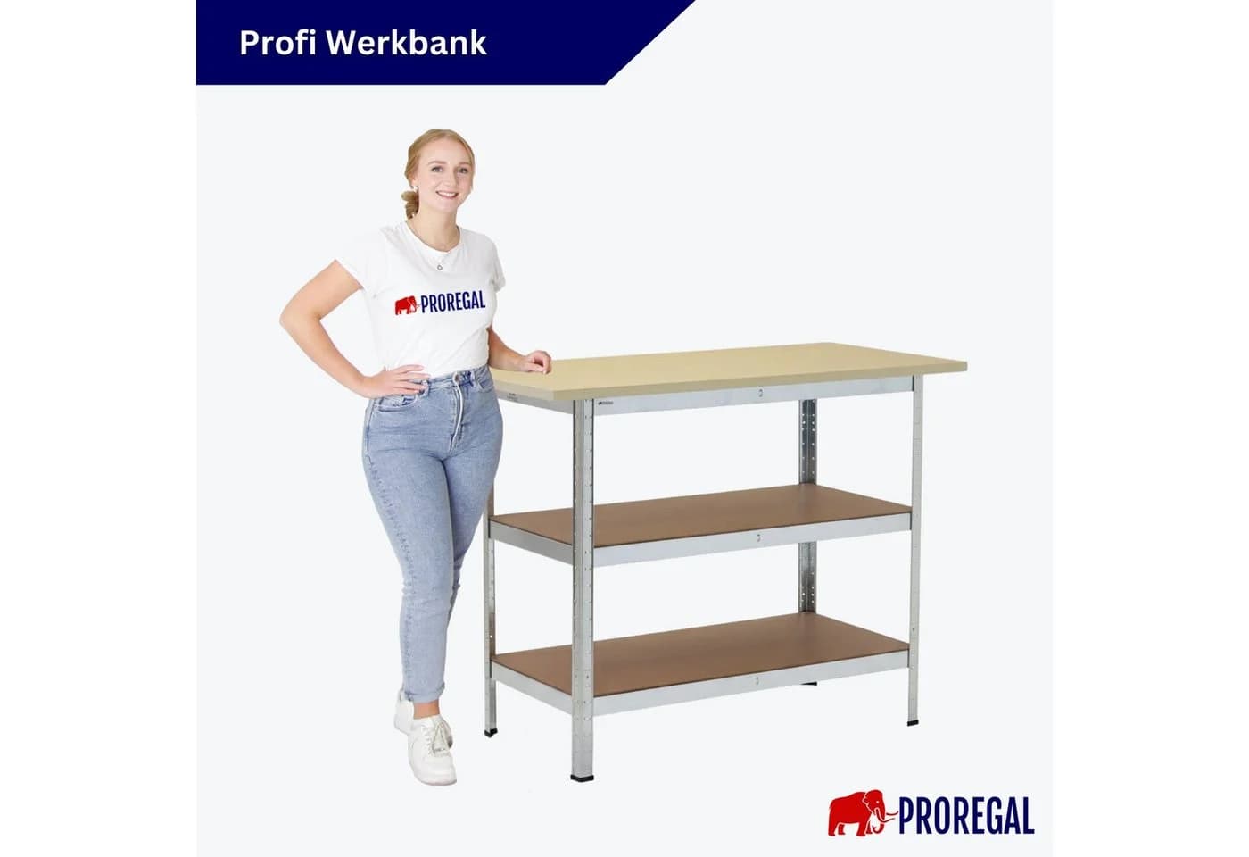 PROREGAL® Werkbank TAURUS mit 2 Fachböden und verzinktem Stahlgestell - Bild 4