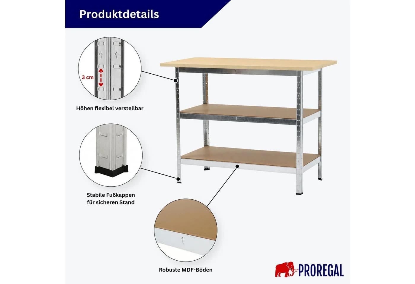 PROREGAL® Werkbank TAURUS mit 2 Fachböden und verzinktem Stahlgestell - Bild 5