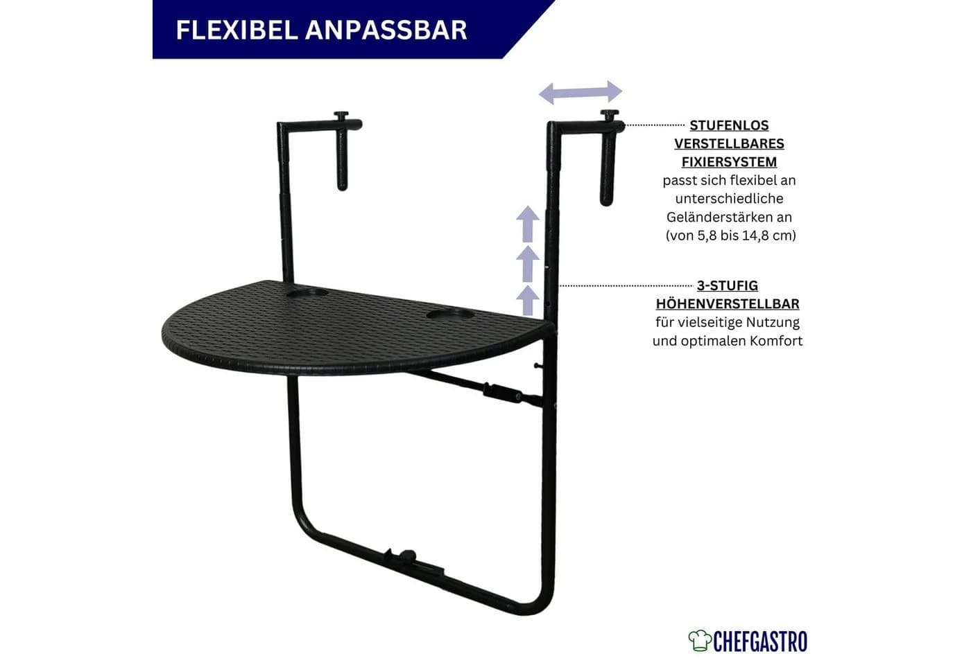PROREGAL® Balkonhängetisch Klappbar 60x40cm Rattan Optik Schwarz Metall Kunststoff - Bild 3