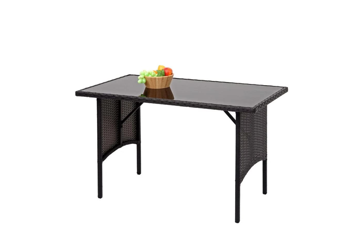 PROREGAL® Gartentisch Poly-Rattan Esstisch Schwarz Glas