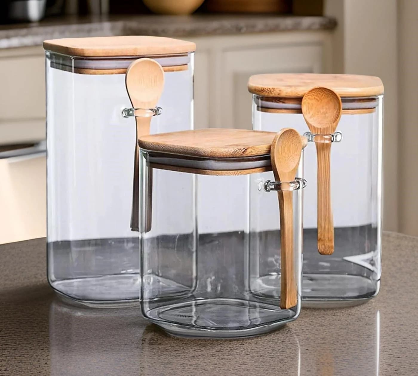 Cheffinger Vorratsglas Set 3-tlg. mit Bambusdeckel & Löffel