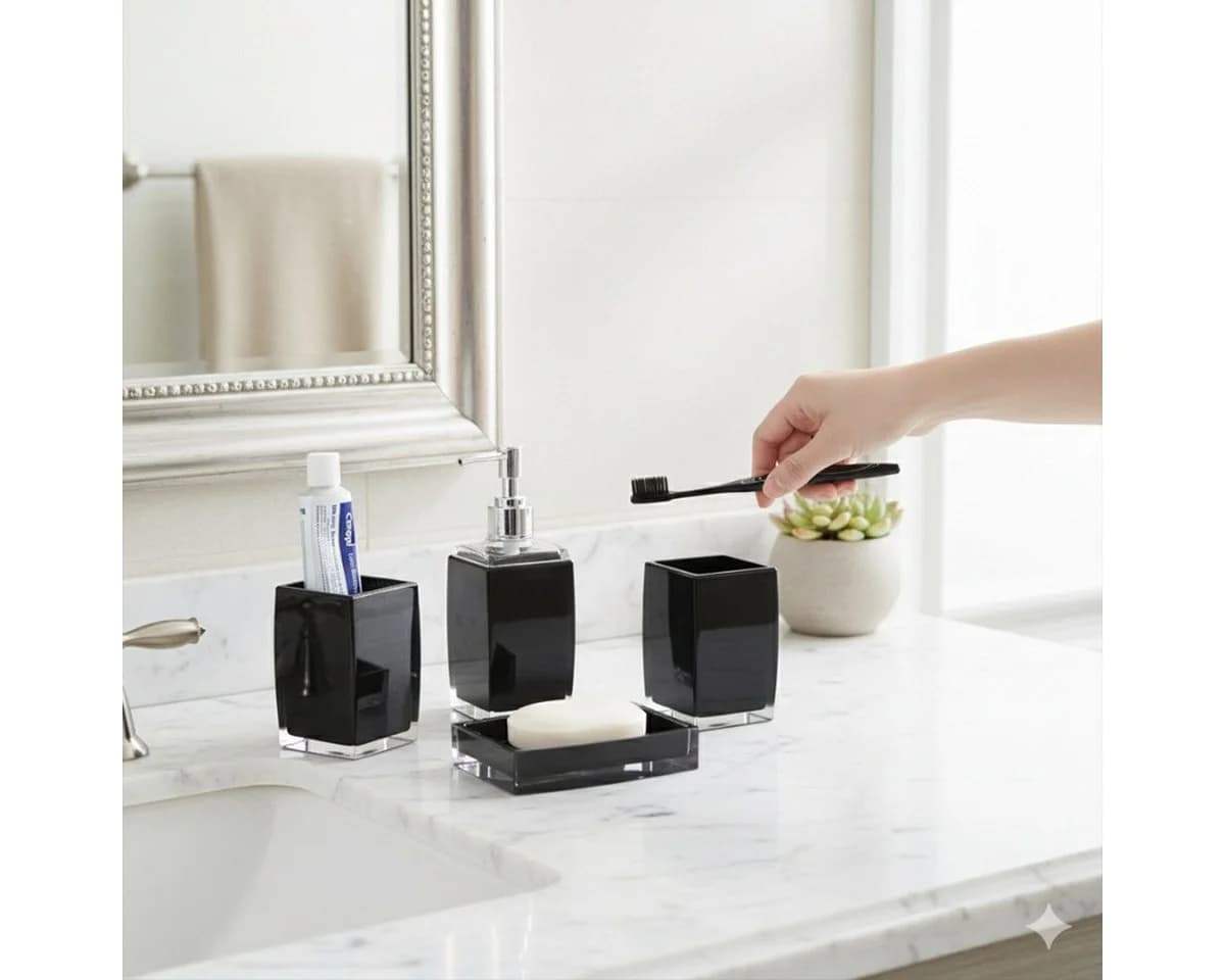 Cheffinger Badaccessoire-Set 4-teilig Seifenspender Zahnbürstenhalter Schale Organizer