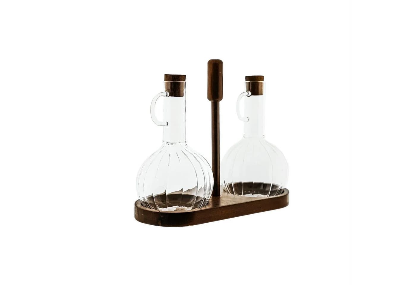 Almina Öl- & Essigspender Set mit Holzständer, 2x 350ml Glasflaschen