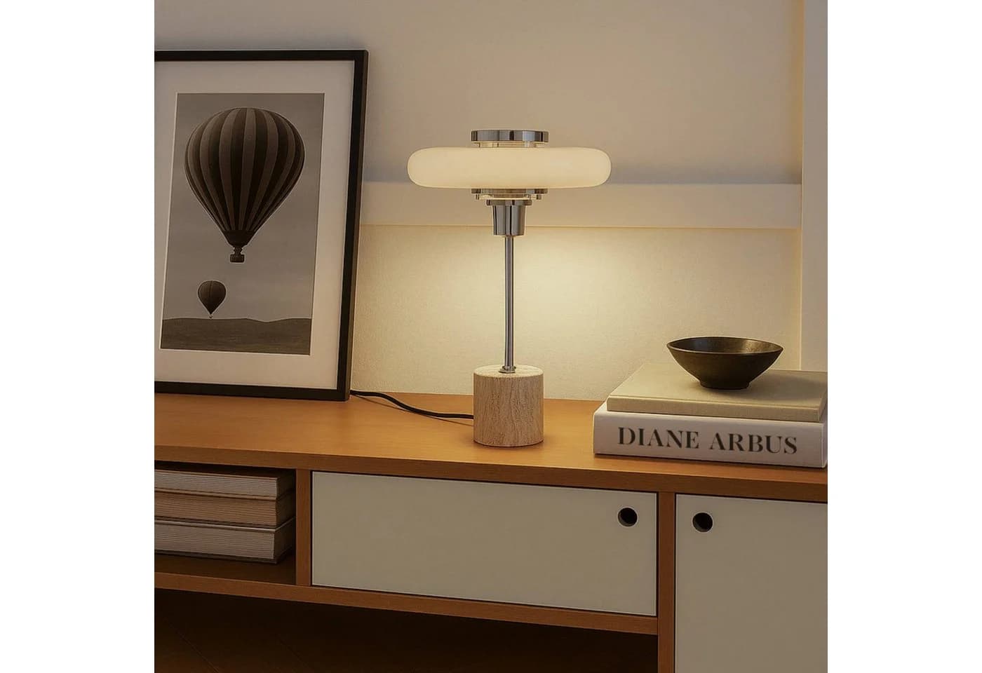 Lindby Tischleuchte Branford Retro Beige Metall Travertin - Bild 3