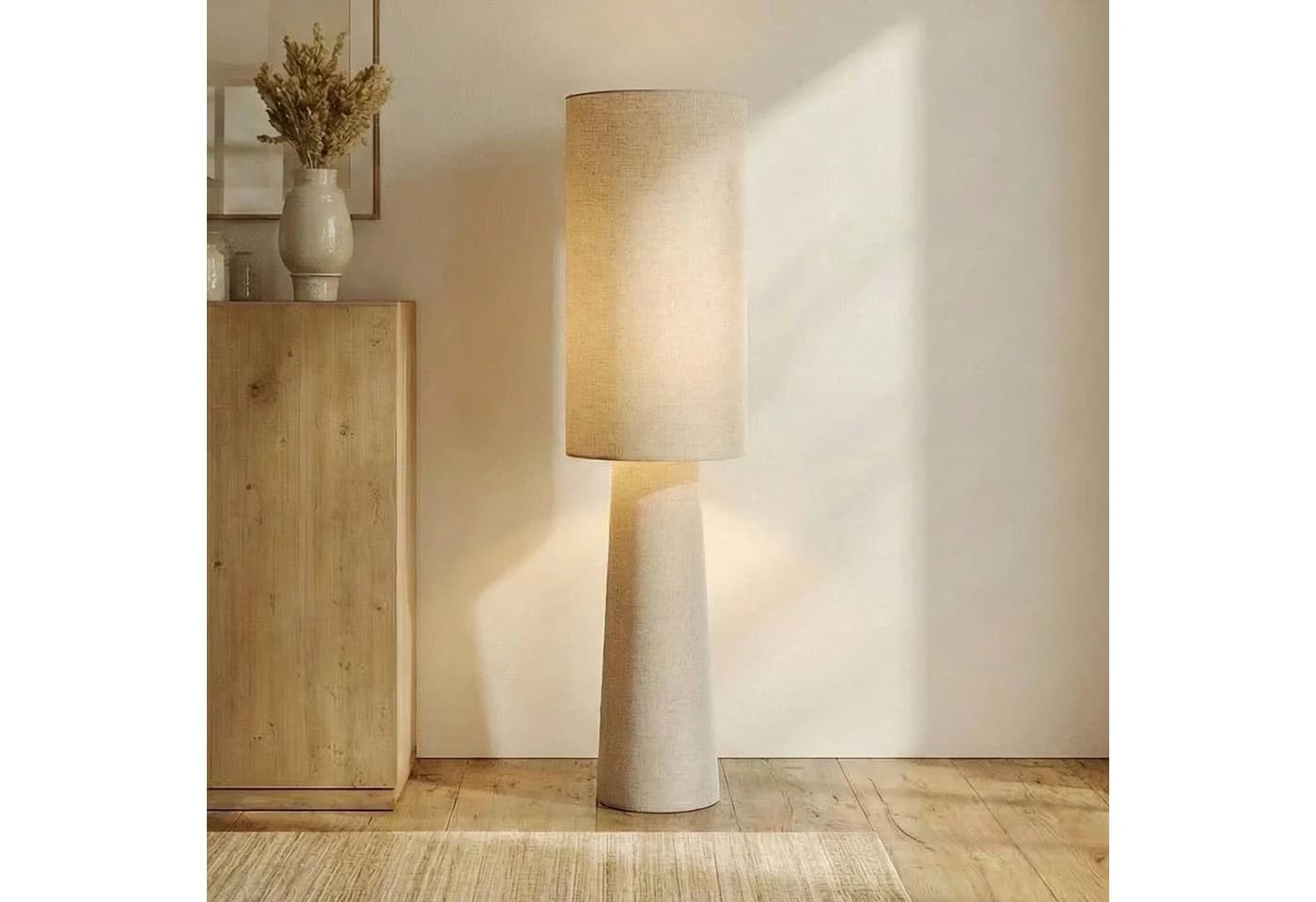 Lindby Stehleuchte Elfie, 124 cm, Beige, Leinen, 2x E27