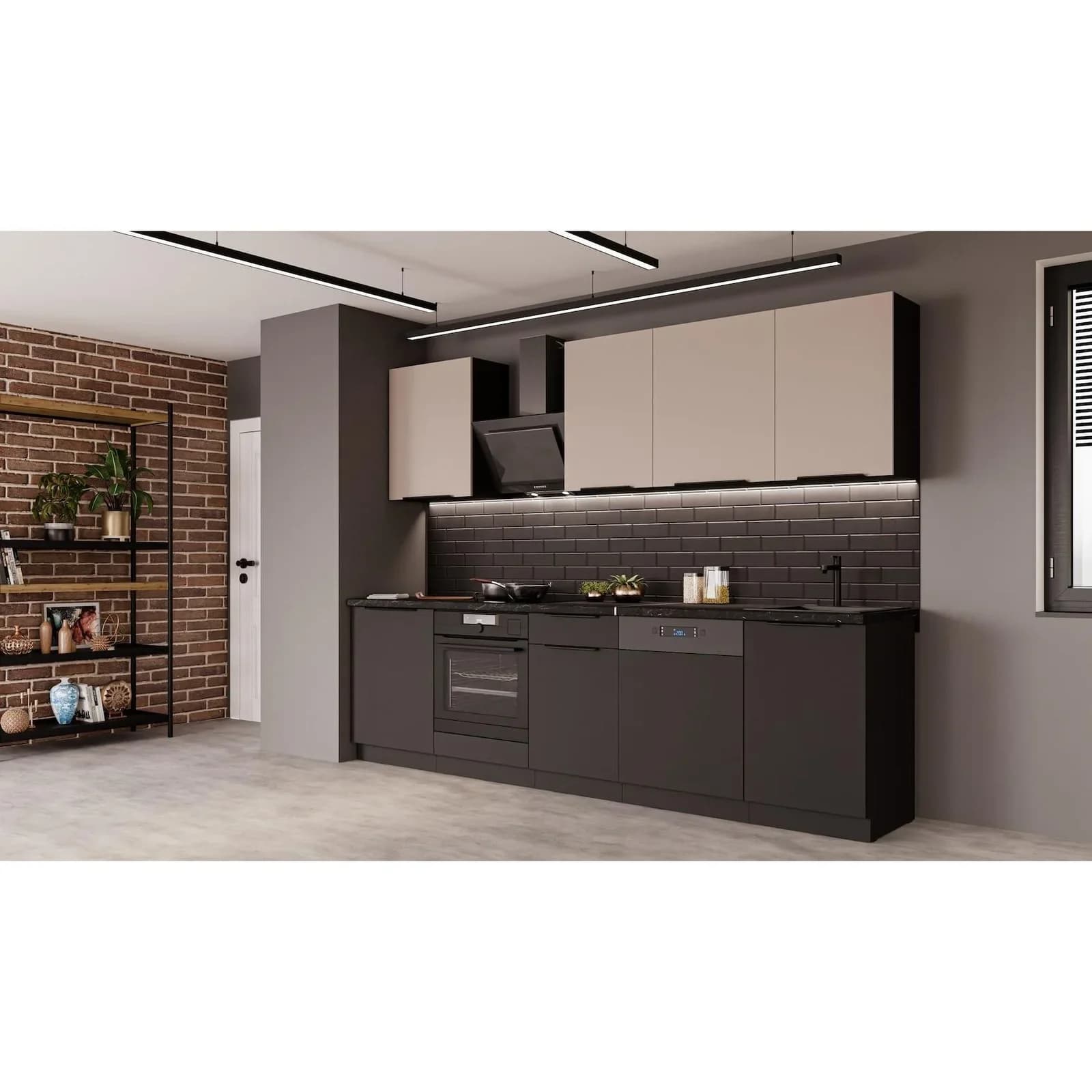 Küche SIENA + ARONA BASIC 280 cm Einbauküche Kaschmir Schwarz Modern