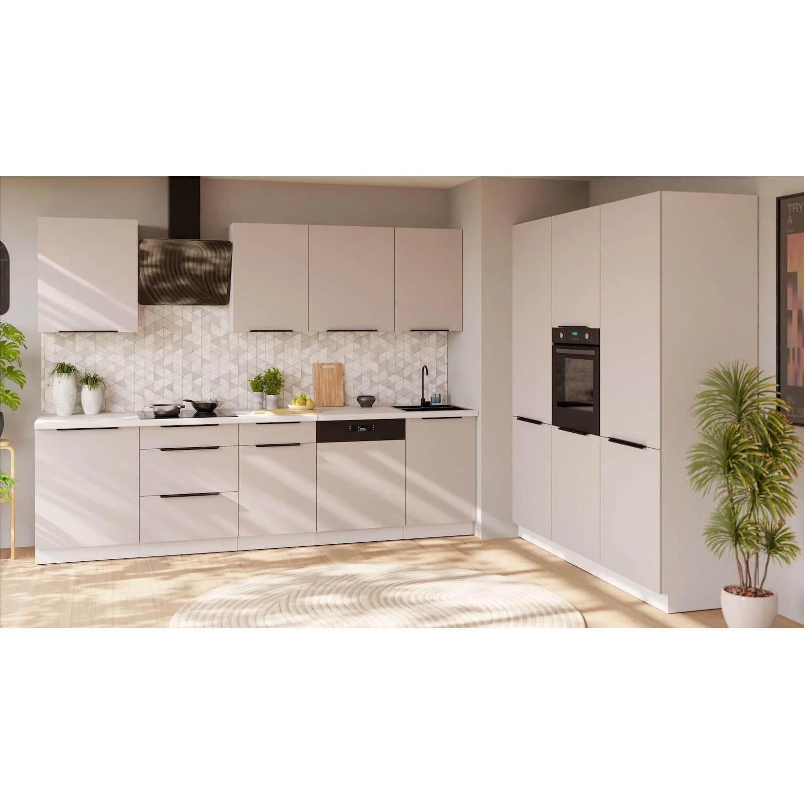 Küche COMO 280 + 180 cm Einbauküche Kaschmir beige matt / Weiß matt