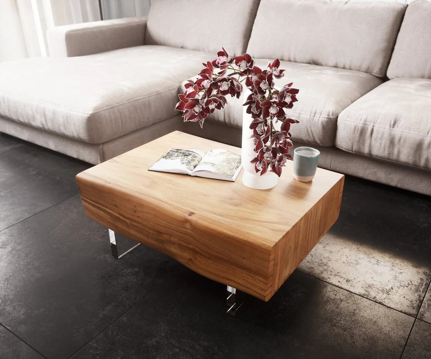 DELIFE Couchtisch New Live-Edge Akazie mit Schubladen - Bild 2