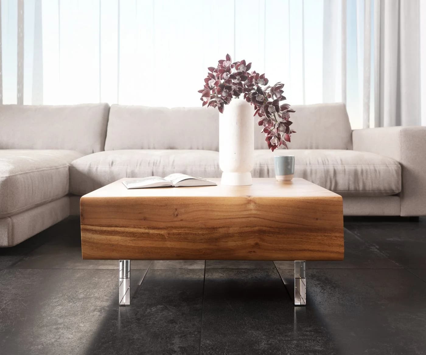 DELIFE Couchtisch New Live-Edge Akazie mit Schubladen - Bild 3