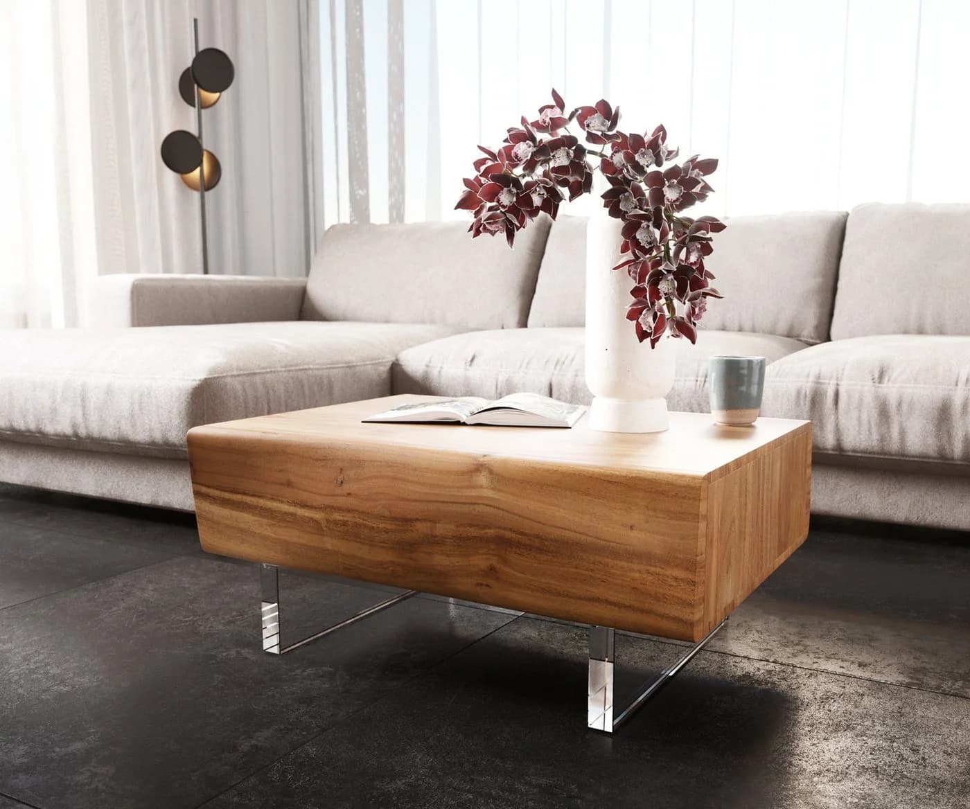 DELIFE Couchtisch New Live-Edge Akazie mit Schubladen - Bild 5