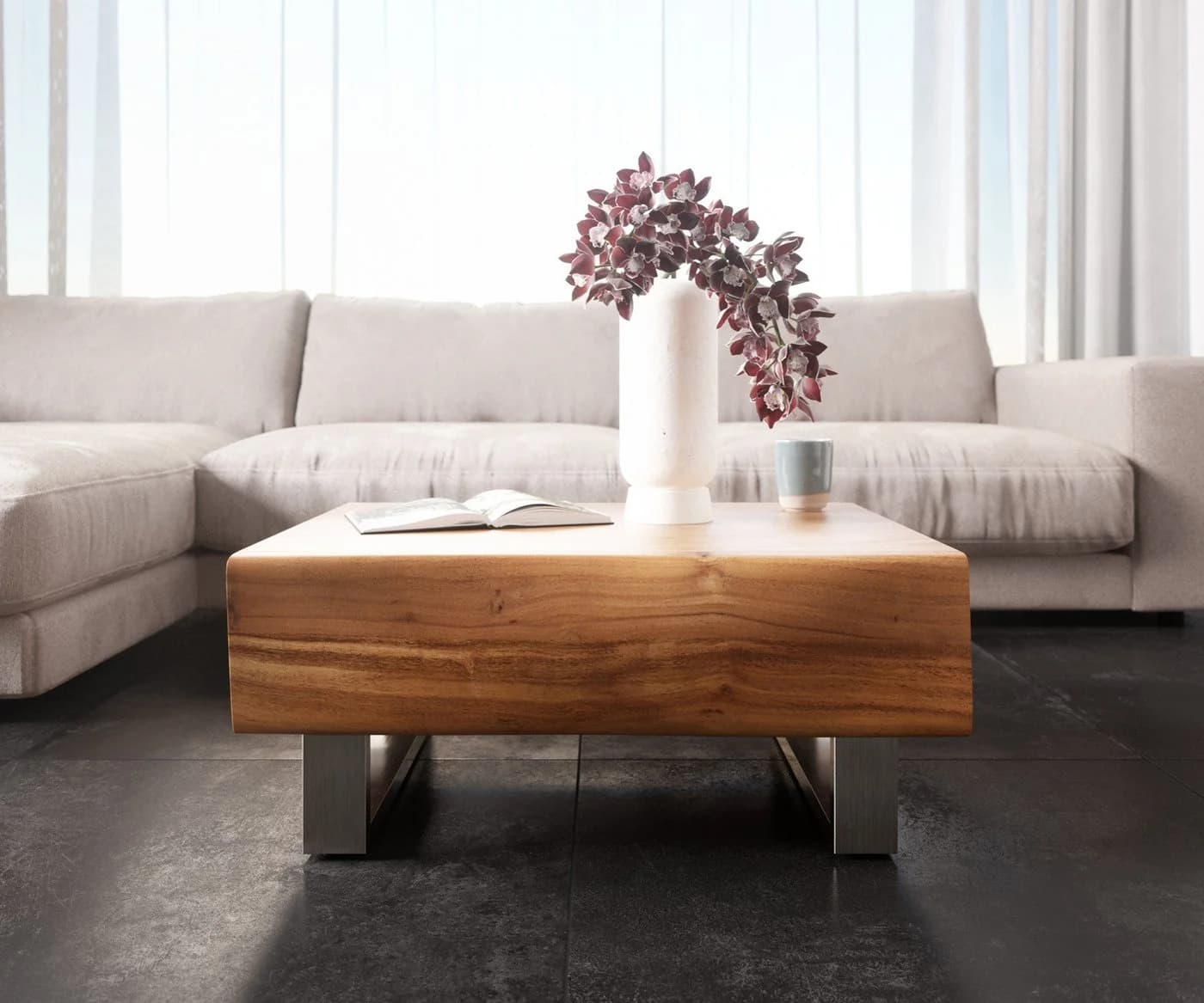 DELIFE Couchtisch New Live-Edge Akazie Natur 2 Schubladen Edelstahl - Bild 3