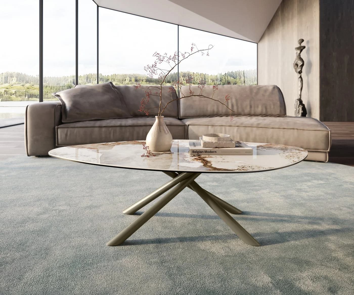 DELIFE Couchtisch Edge Organisch Keramik Weiß-Beige Titan-Effekt
