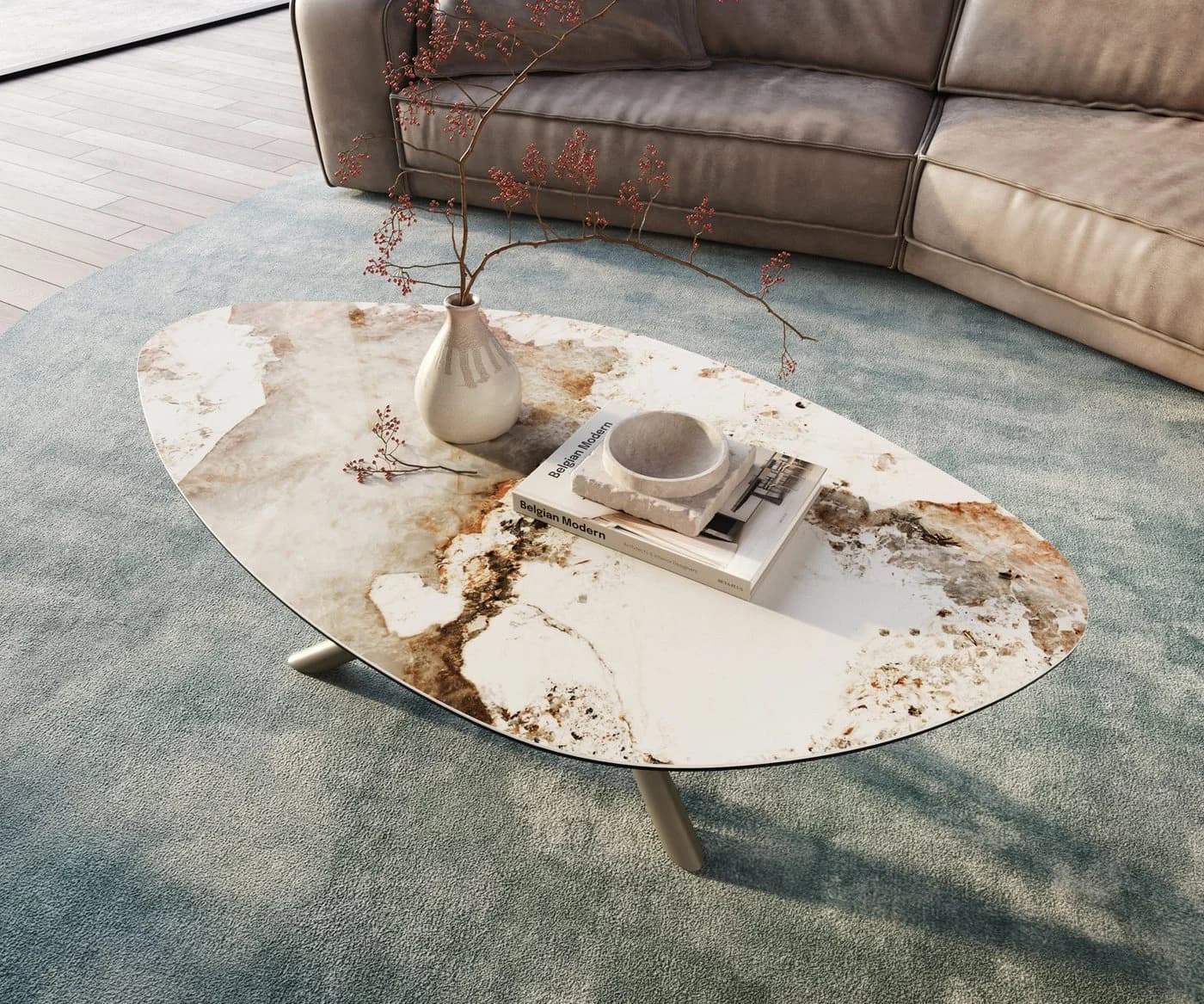 DELIFE Couchtisch Edge Organisch Keramik Weiß-Beige Titan-Effekt - Bild 5