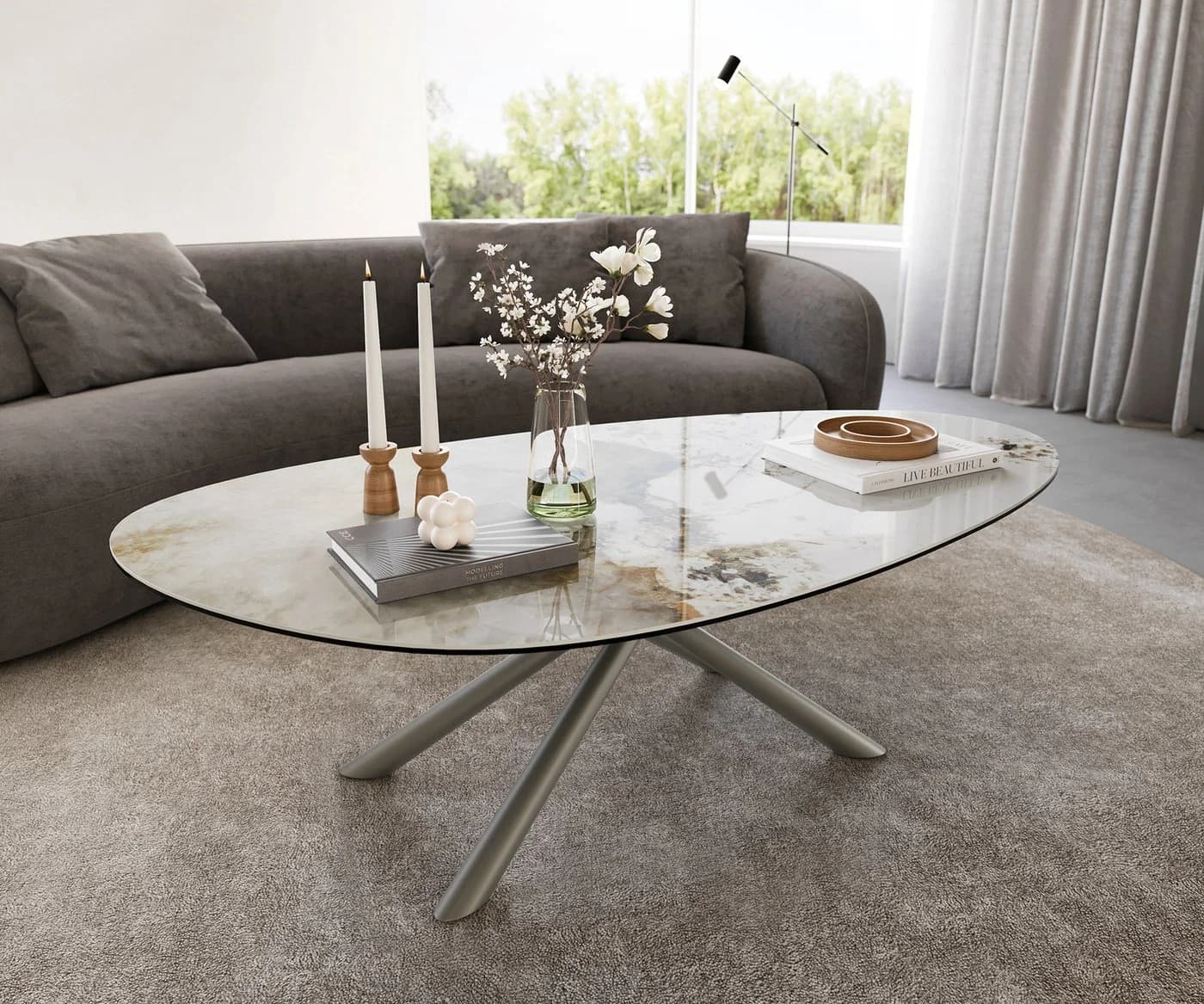DELIFE Couchtisch Edge Oval Keramik Weiß-Beige Titan-Effektfinish - Bild 2