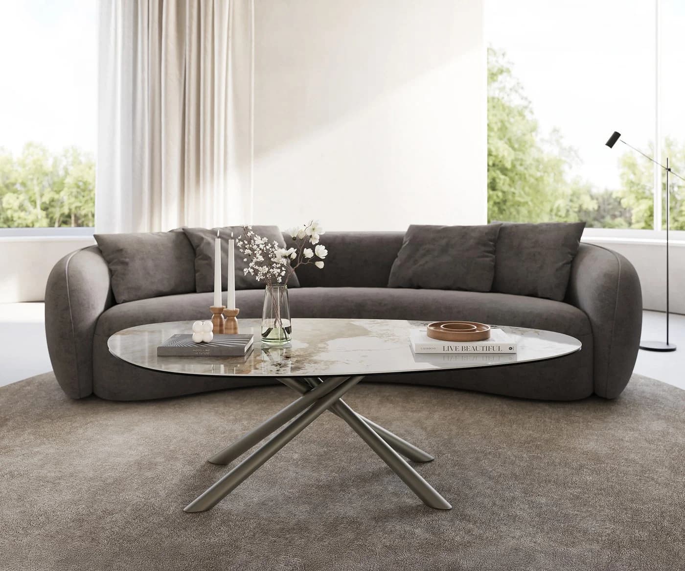 DELIFE Couchtisch Edge Oval Keramik Weiß-Beige Titan-Effektfinish - Bild 3