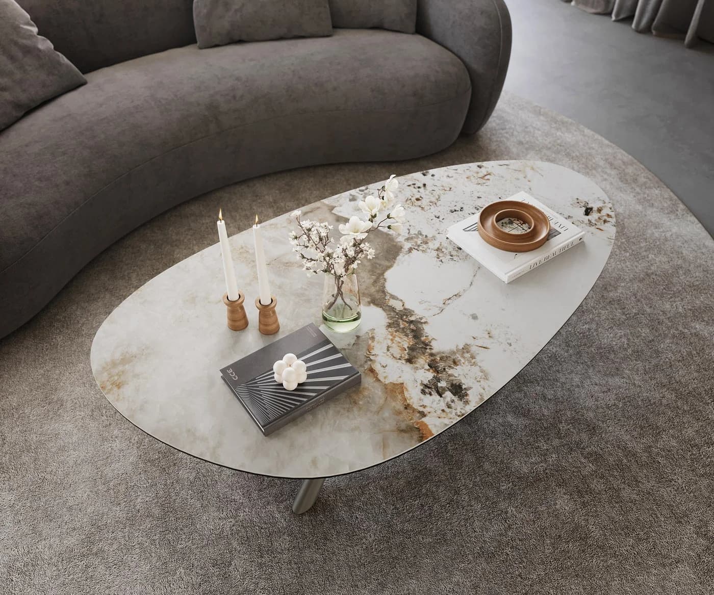 DELIFE Couchtisch Edge Oval Keramik Weiß-Beige Titan-Effektfinish - Bild 5