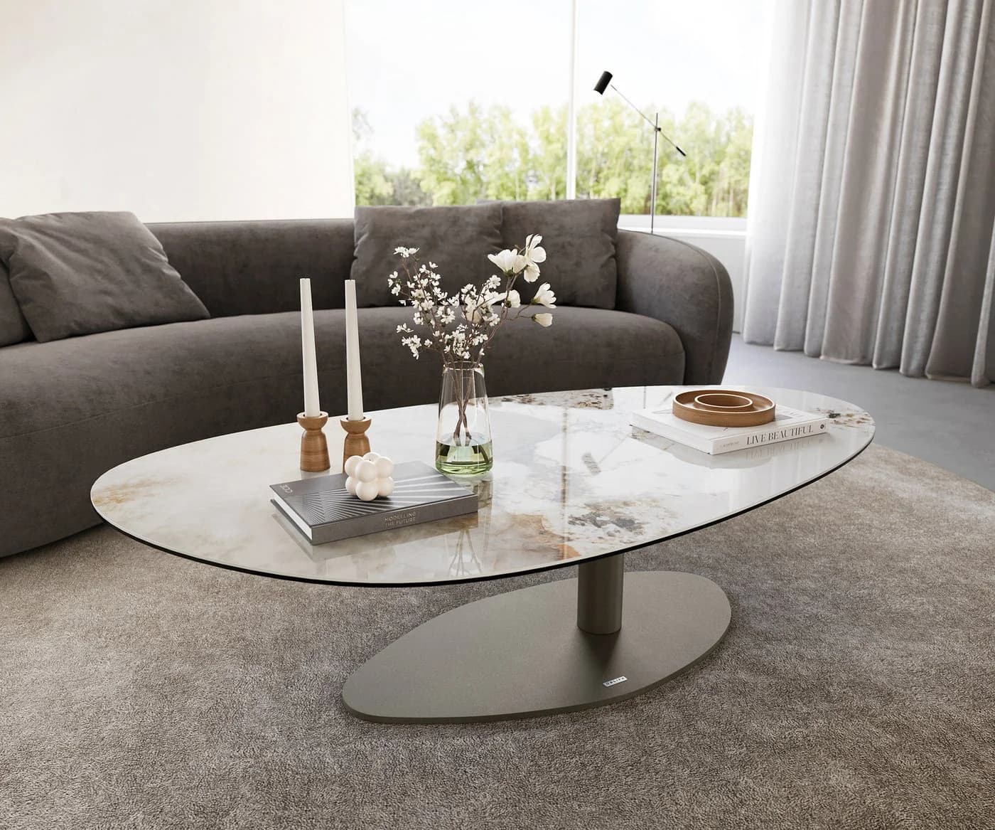 DELIFE Couchtisch Edge Oval Weiß-Beige Titan