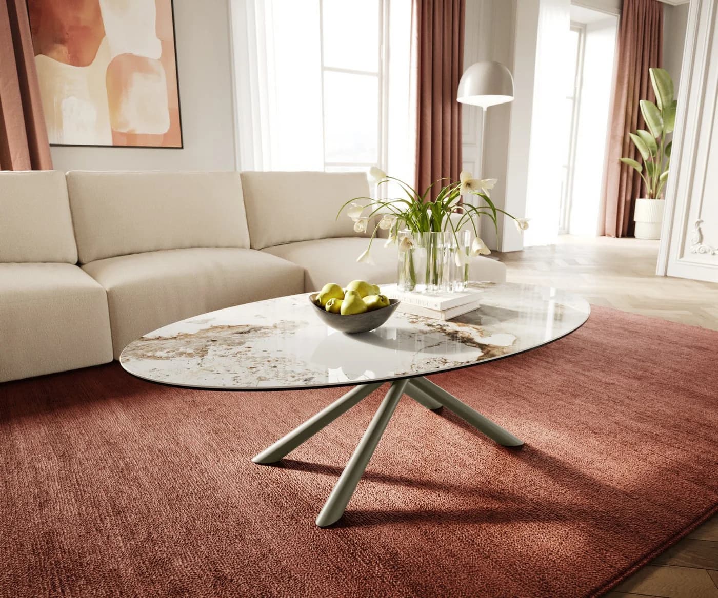 DELIFE Couchtisch Edge Oval Keramik Weiß-Beige Titan-Effektfinish