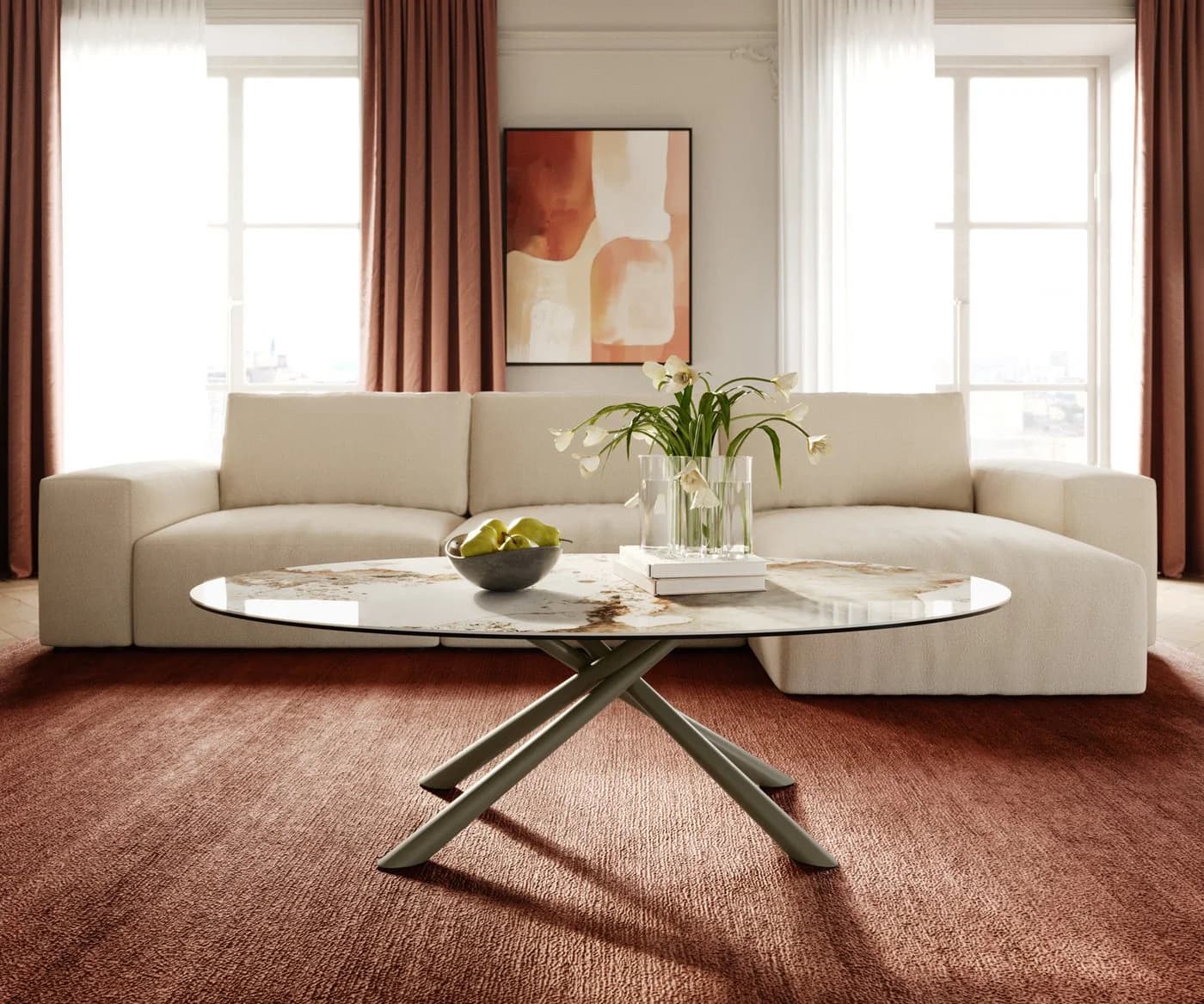 DELIFE Couchtisch Edge Oval Keramik Weiß-Beige Titan-Effektfinish - Bild 3