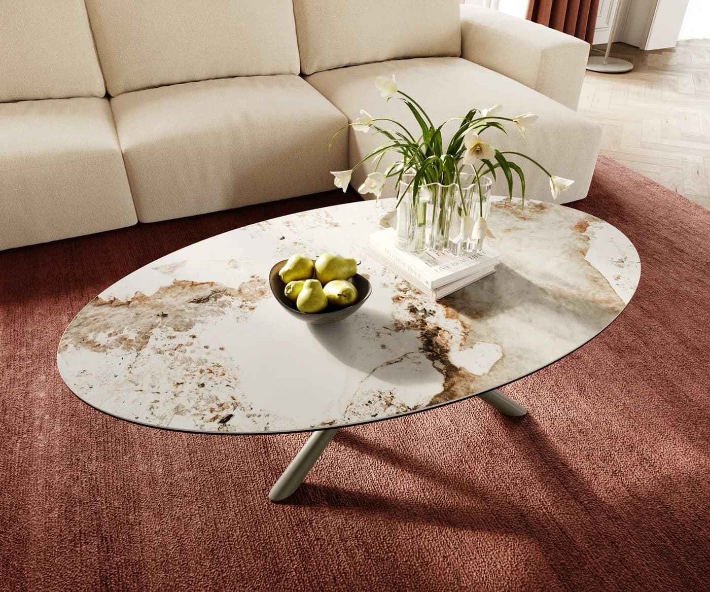 DELIFE Couchtisch Edge Oval Keramik Weiß-Beige Titan-Effektfinish - Bild 5