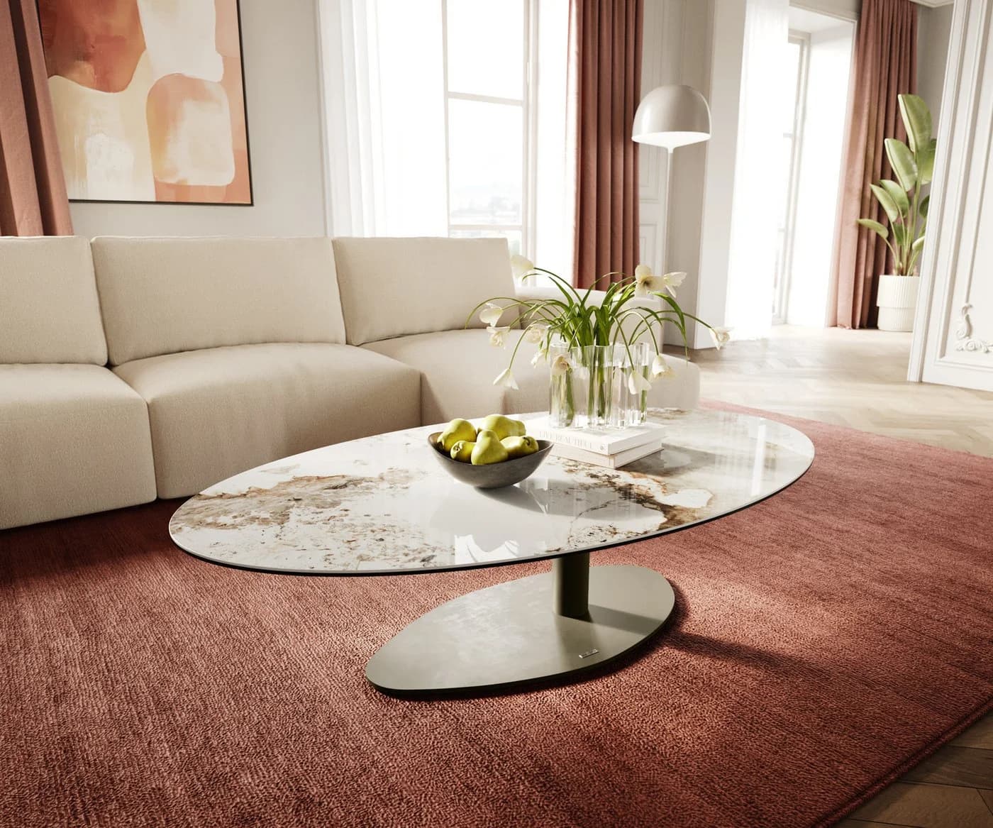 DELIFE Couchtisch Edge Oval Keramik Minas Melange Vibany Metall Effektfinish Titan